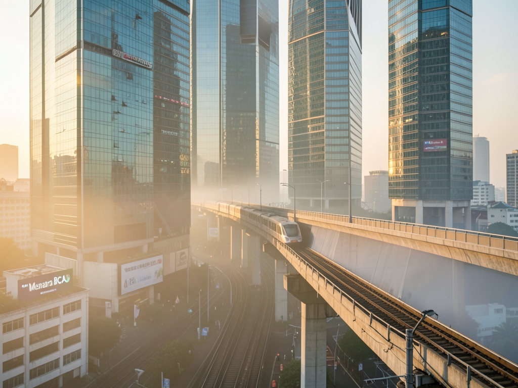 Jakarta modern office towers elevated train line morning