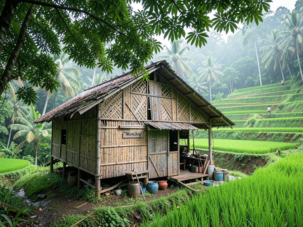 humid tropical workshop nestled among lush green rice