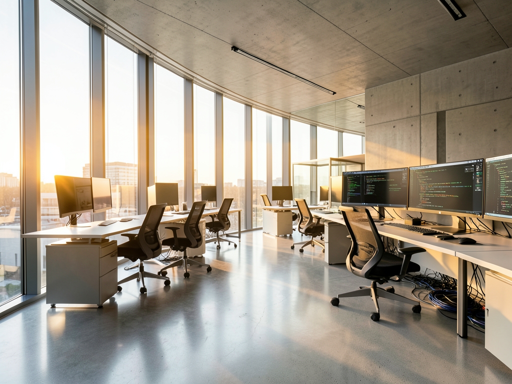sunlit modern glass and concrete tech workspace with clean geometric
