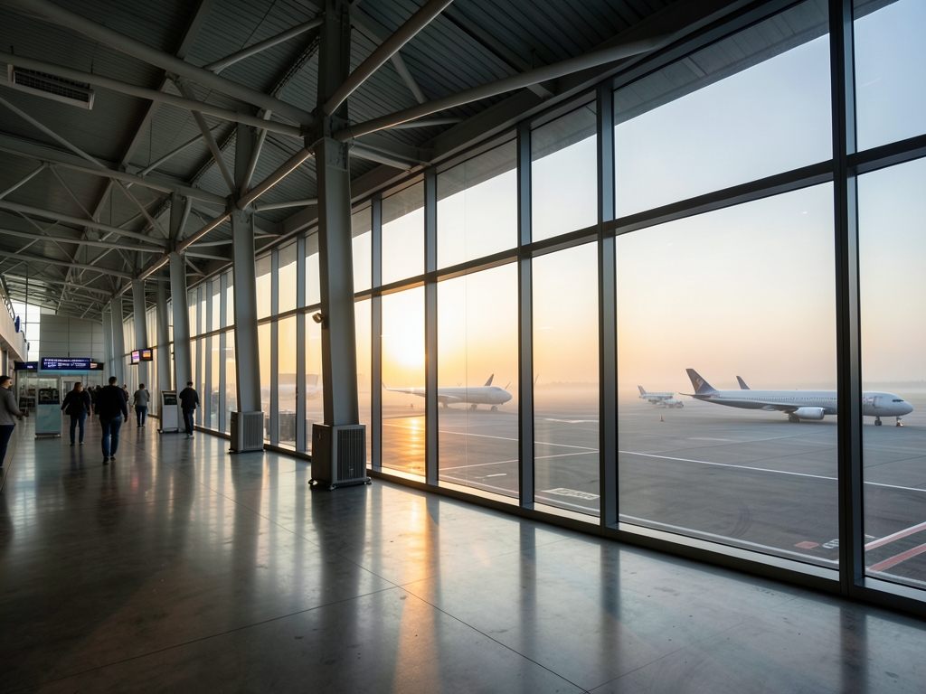 Modern airport terminal with glass walls overlooking airplanes