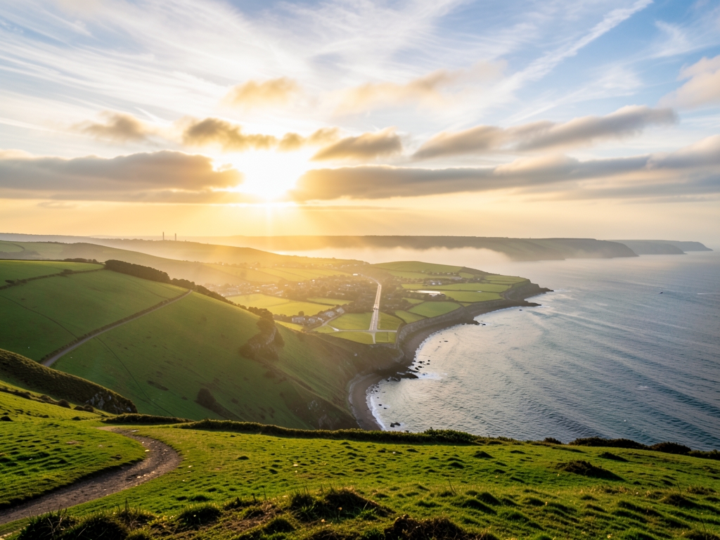 panoramic view Dublin s coastline golden hour soft light