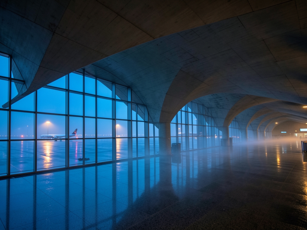 Vast mid century airport terminal blue hour sweeping concrete