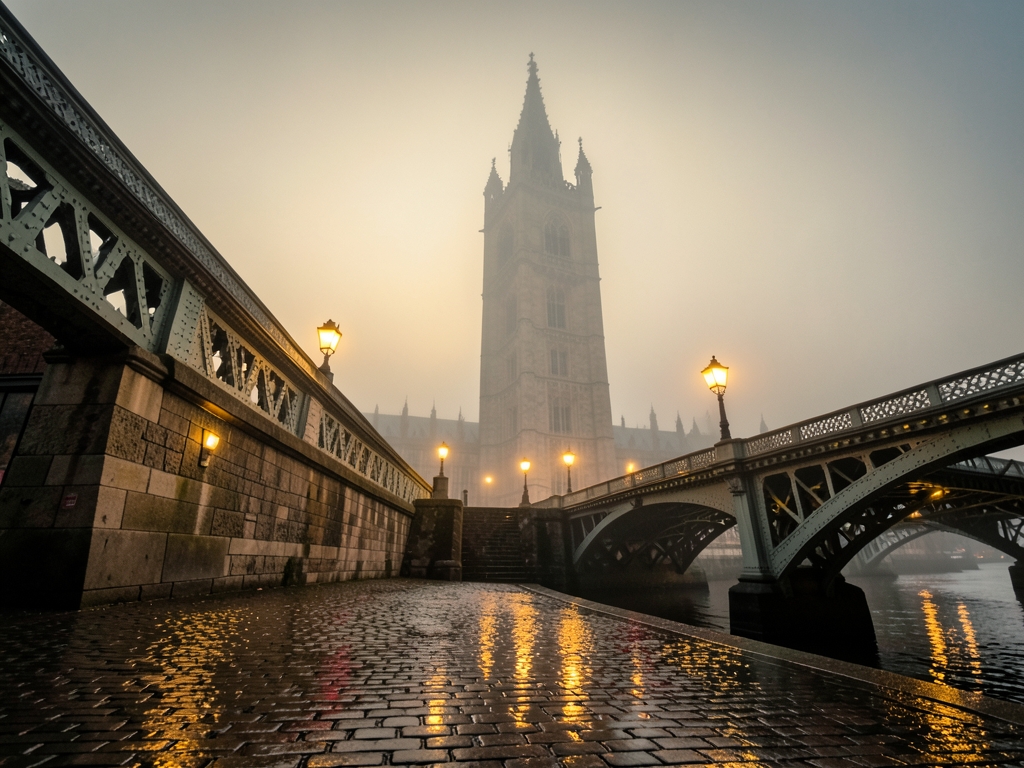 Dusk over Thames London Victorian Gothic stone tower