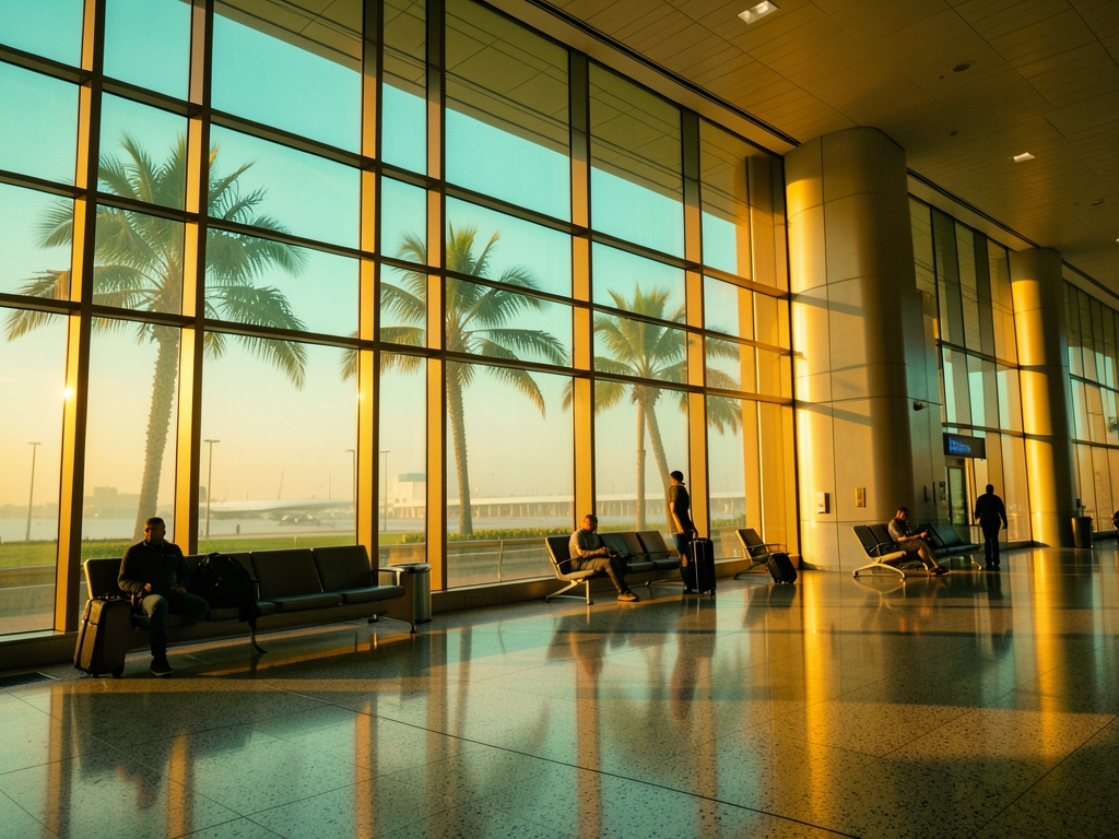 Miami International terminal golden hour warm amber light