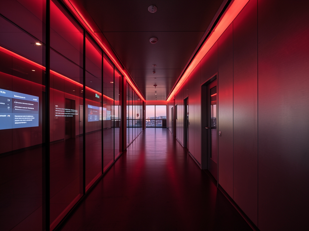 High tech research facility corridor twilight with glass walls