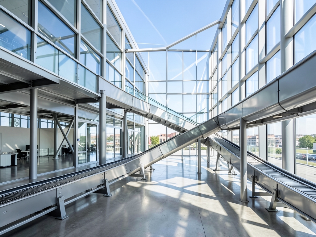 sunlit glass and steel office atrium with branching walkways merging