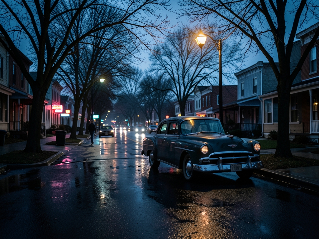 quiet Midwestern street twilight rain slicked pavement reflecting muted