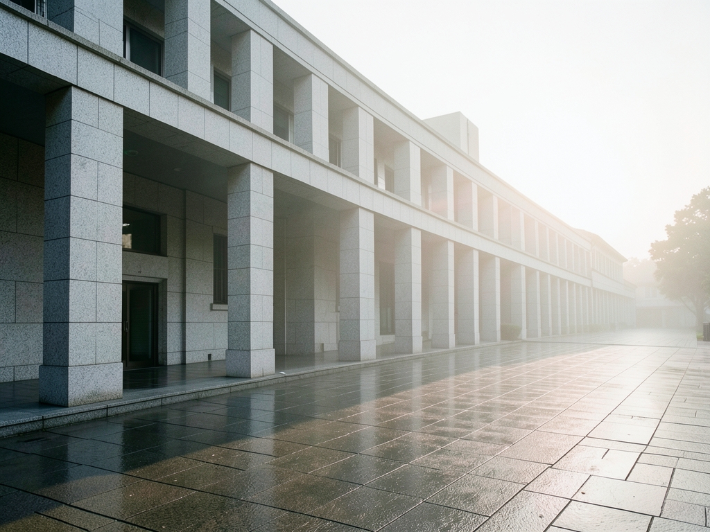 stately modernist institutional building Tokyo dawn pale granite