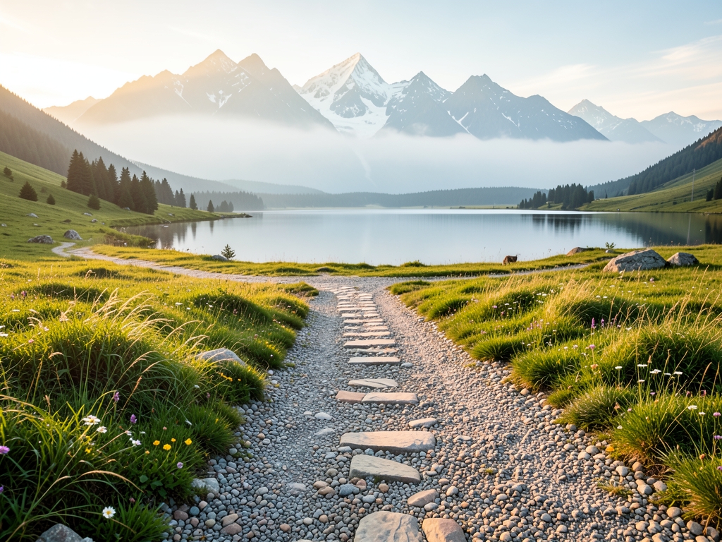 Four gravel footpaths crossing misty alpine meadow converge