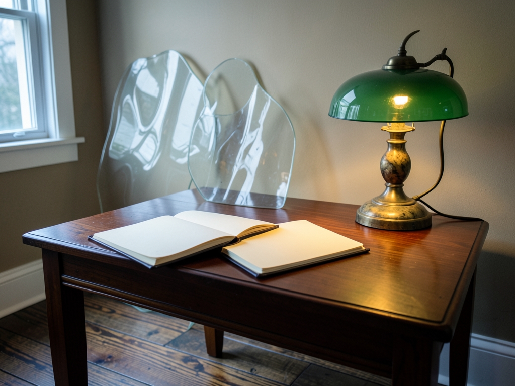 peaceful library study table under overcast light with