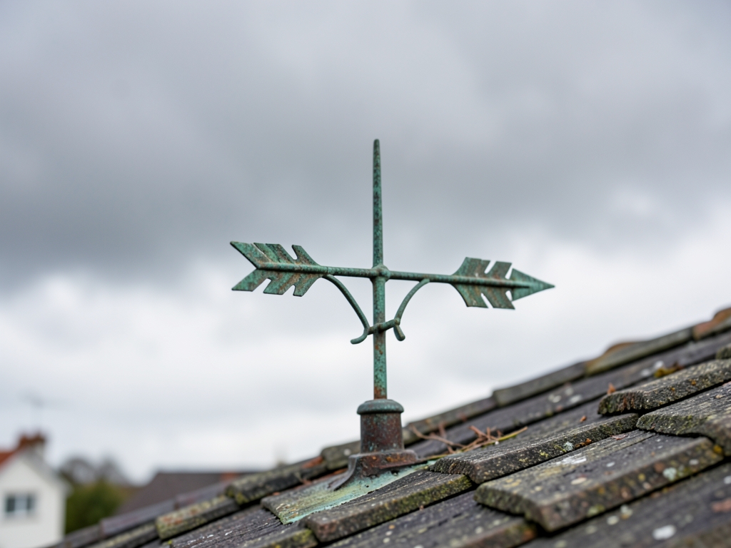 weathered bronze weathervane atop rooftop soft overcast light