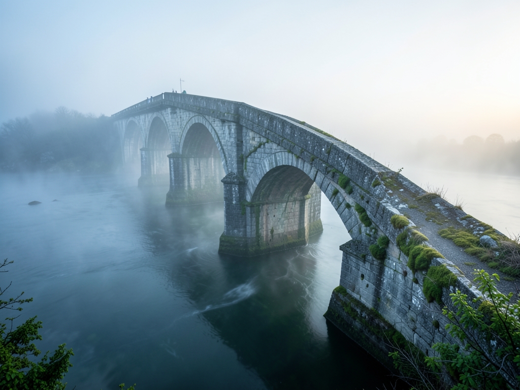 long stone bridge stretching over fog covered water dawn