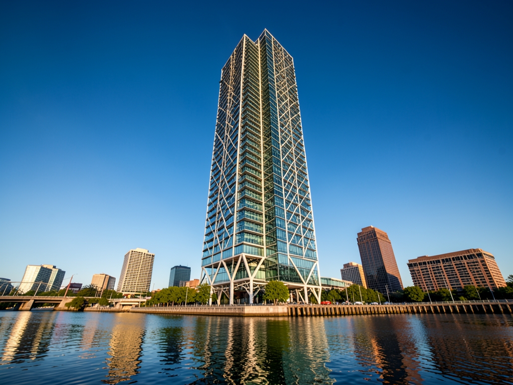 Sun drenched perspective modern mixed use tower rising along Kansas