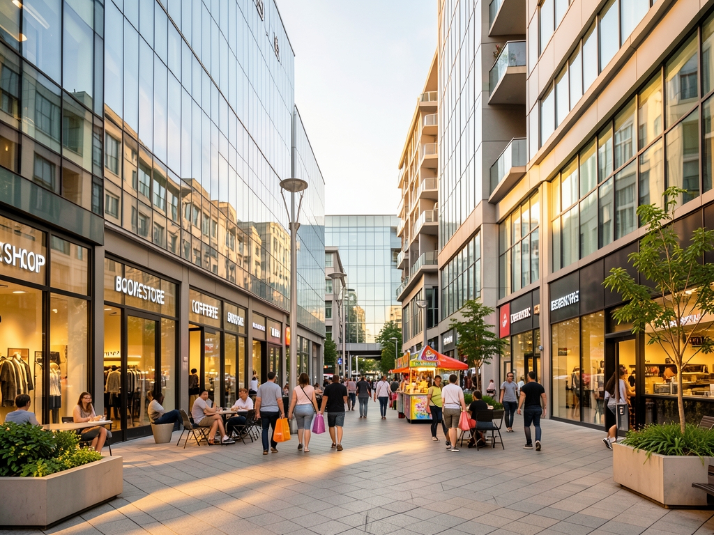 Wide angle view bustling downtown plaza where sleek contemporary