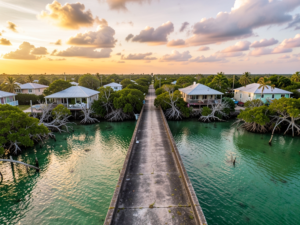 Aerial view concrete bridge crossing shallow emerald shallows