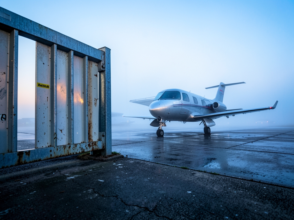 Foggy concrete airfield dawn with small aluminum aircraft