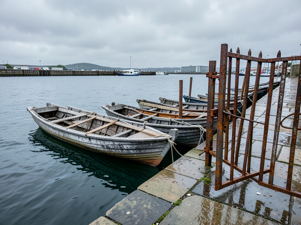Overcast harbor quay with wooden skiffs moored rusted