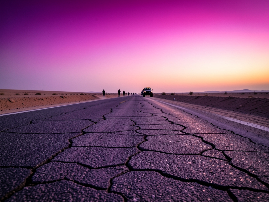 Dusty desert highway dusk magenta gradient cracked asphalt