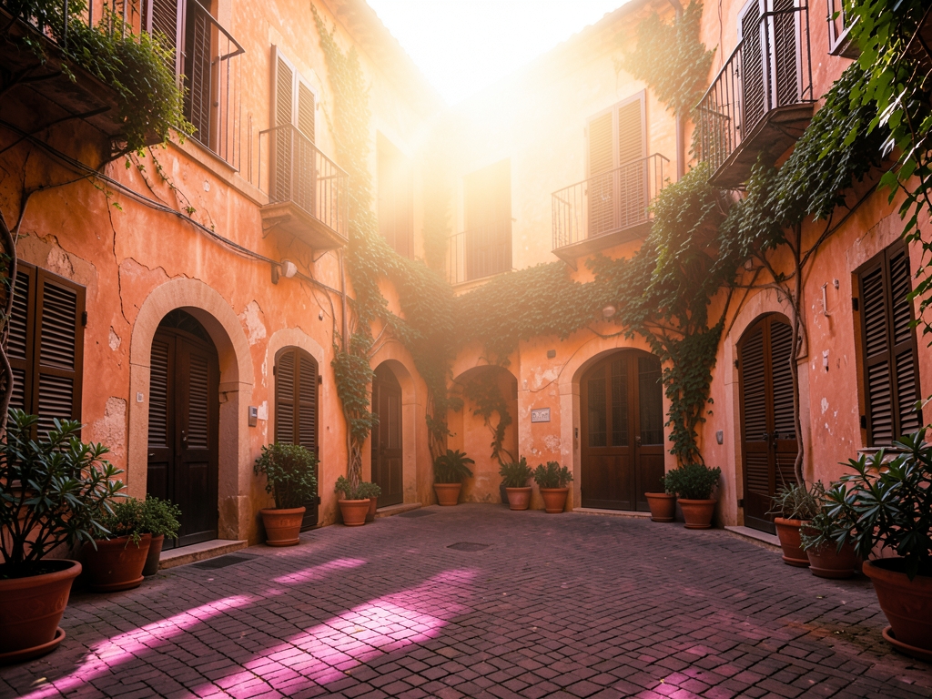 Sunlit Mediterranean courtyard golden hour terracotta walls magenta tinged