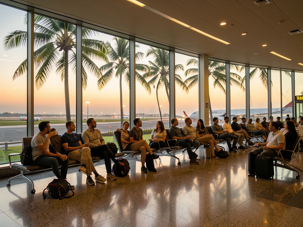 Hawaiian airport departure lounge dawn glass walls overlooking