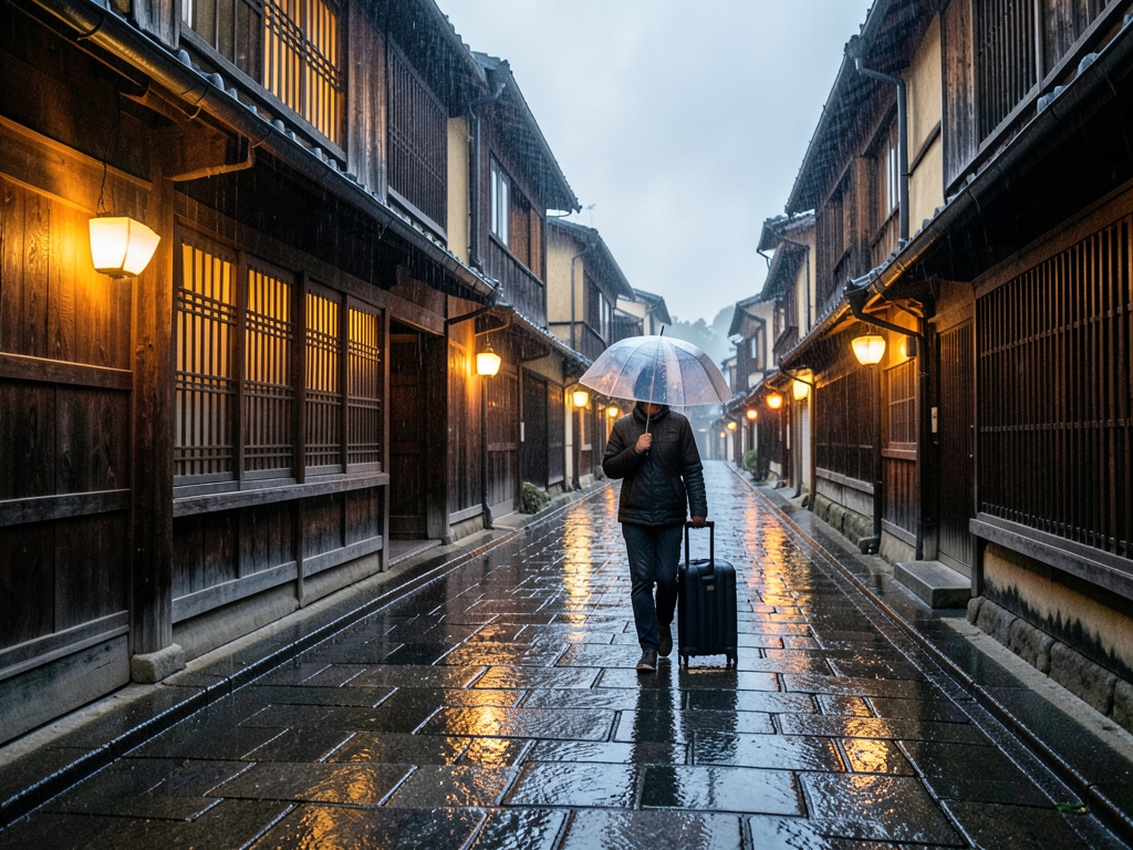 Rain slicked stone lane Kyoto s Gion dusk wooden machiya