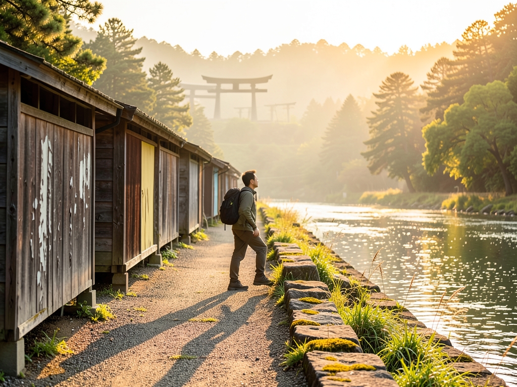 Sunlit riverside path along Katsura river Fushimi golden