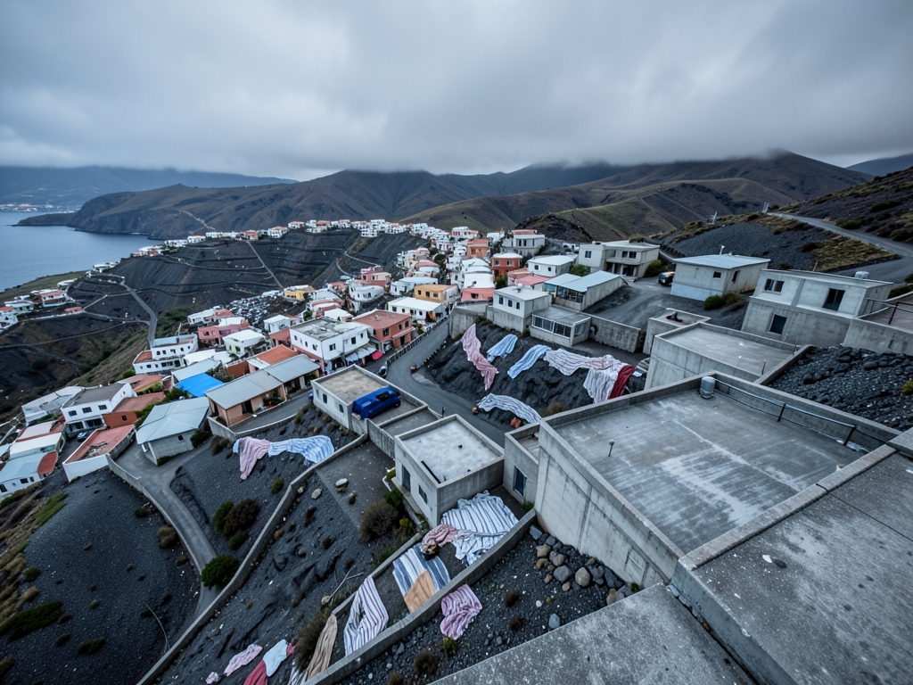sweeping aerial view blanket reconstructed hillside village Palma under
