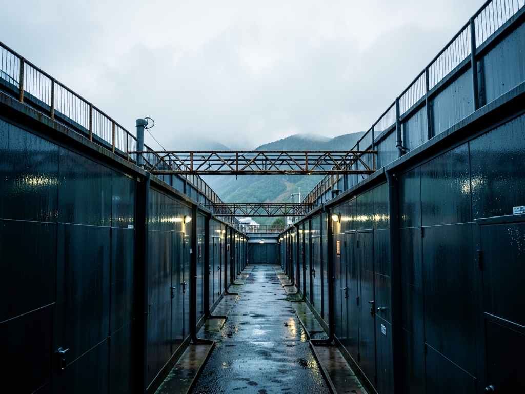 Rows closed laboratory buildings beneath heavy gray skies