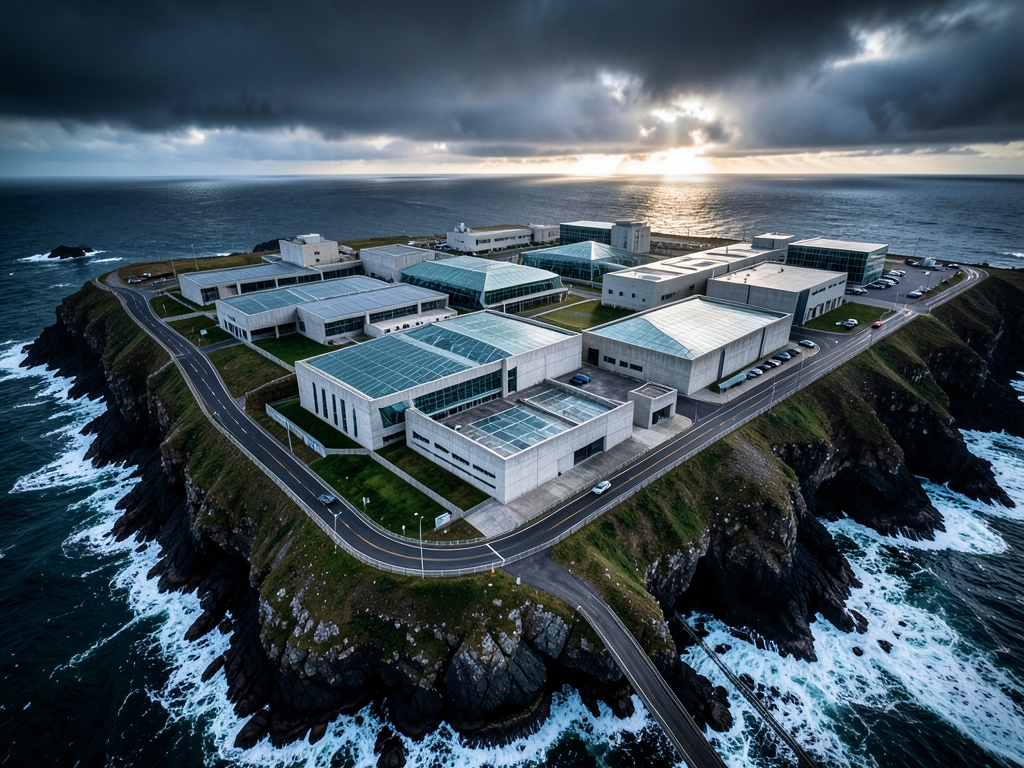Aerial view sprawling modern laboratory complex beside rugged
