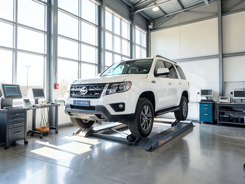 Modern service workshop interior with large white off road