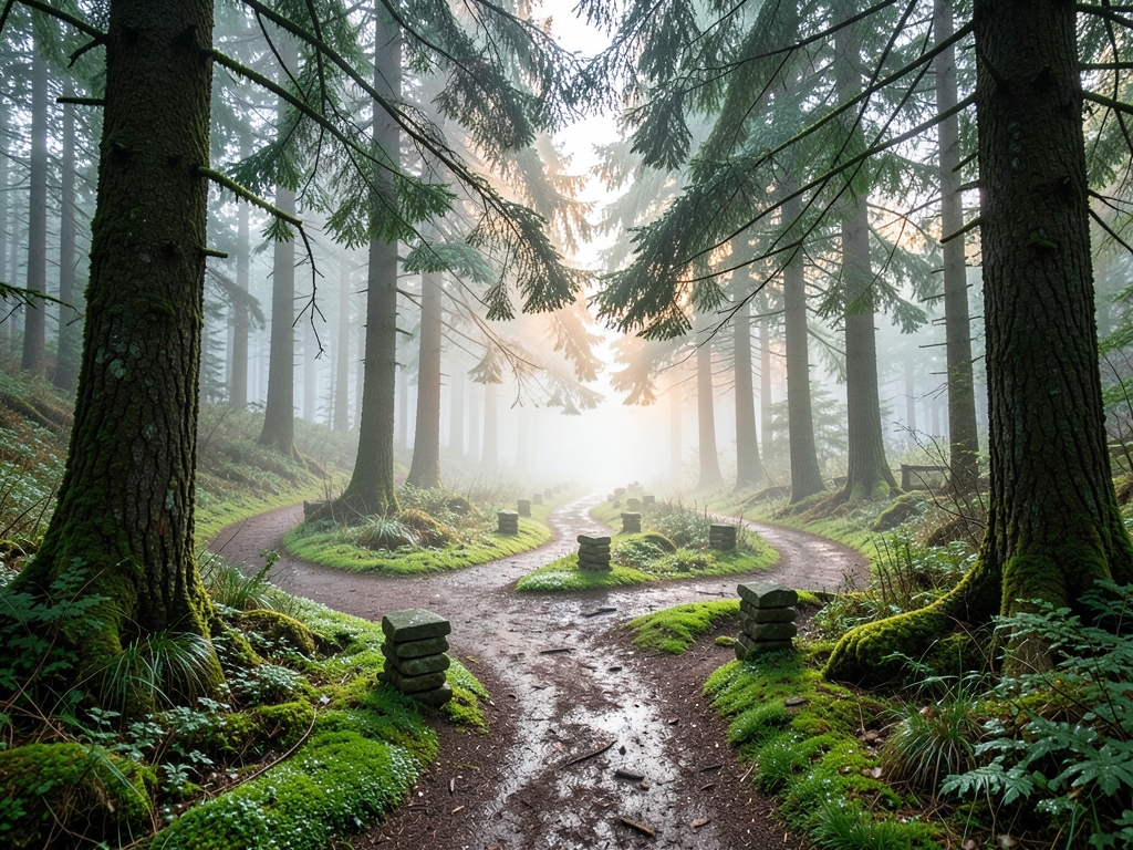 Misty forest trail dawn with stacked stone markers