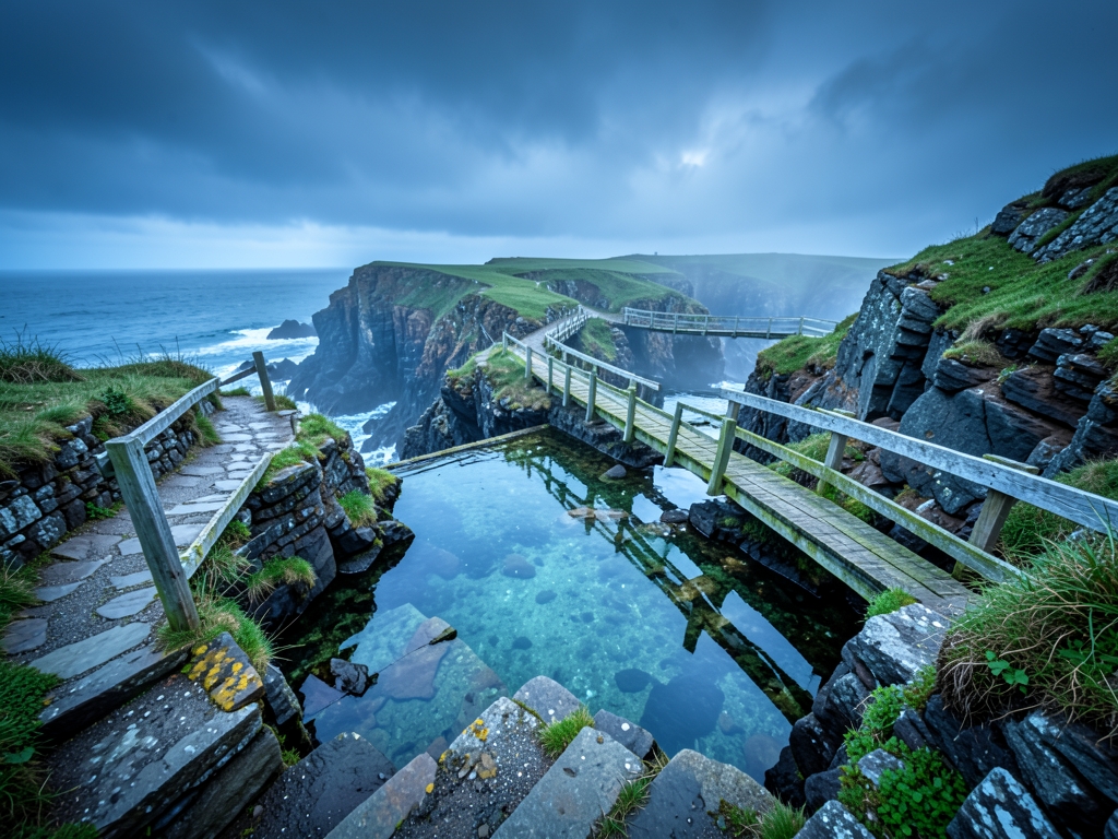 Rocky coastal cliff path looping back itself under