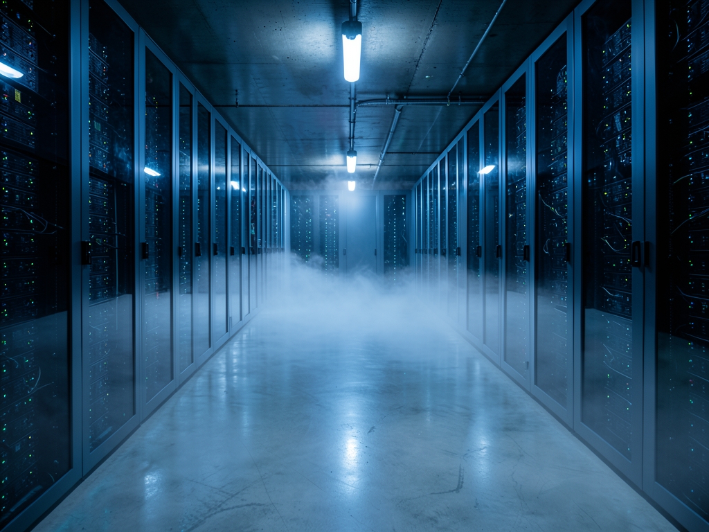 dimly underground server corridor with rows glass panels