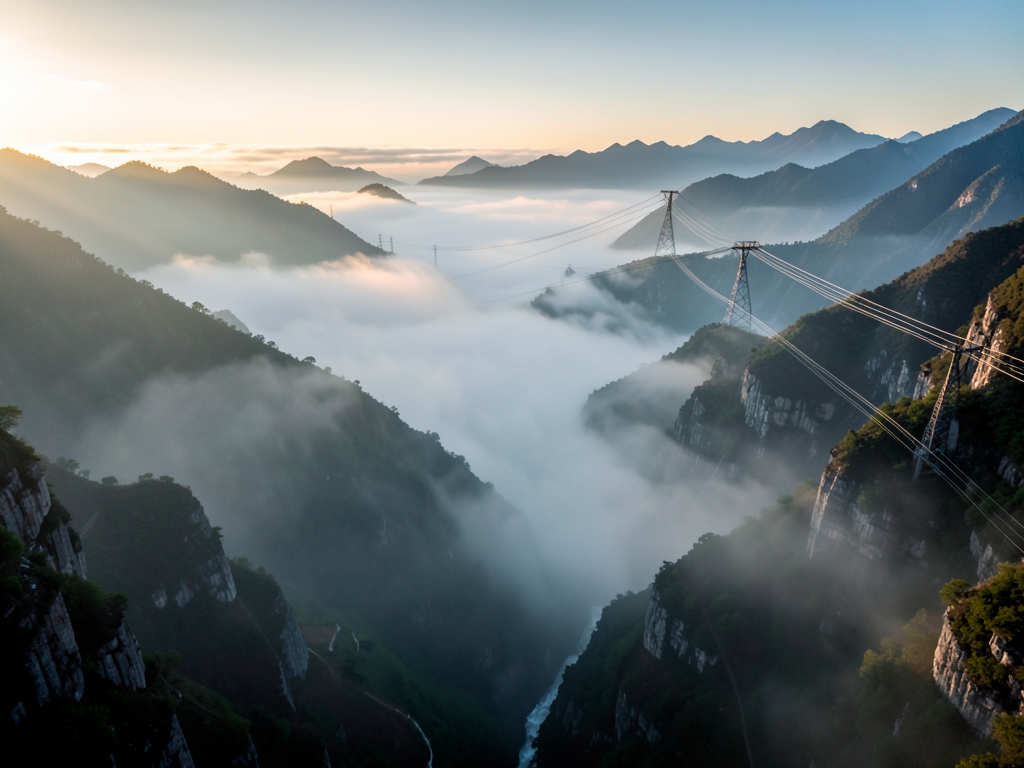 wide aerial view foggy mountain pass dawn with