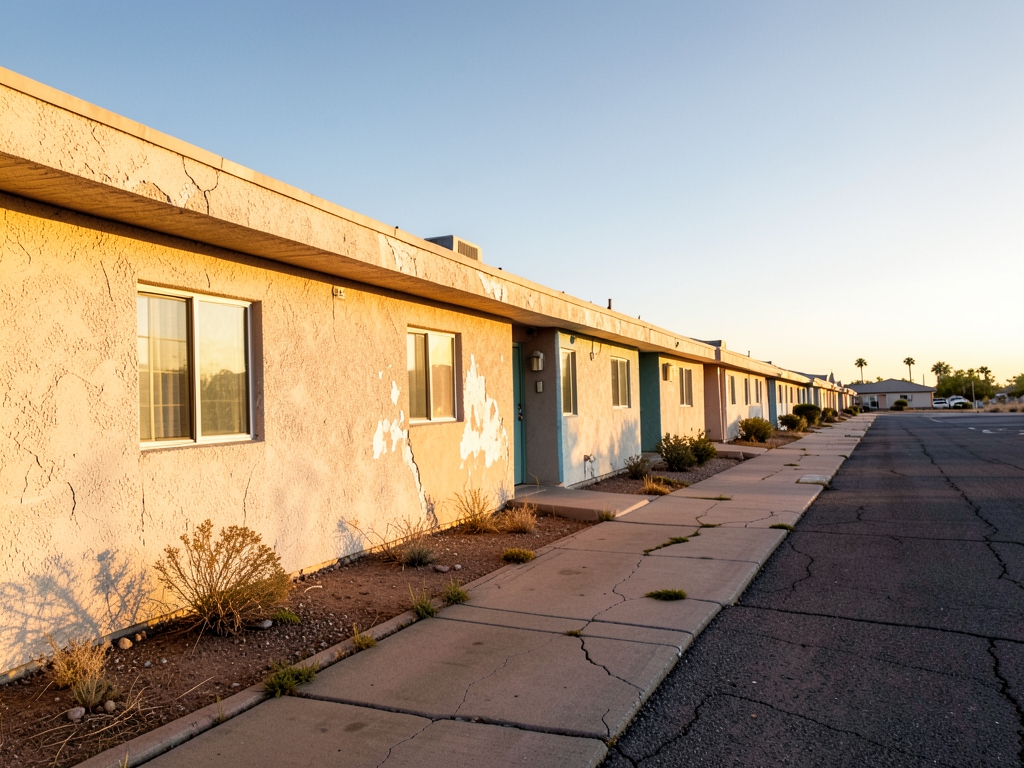 modest two story motels outskirts Vegas golden hour with