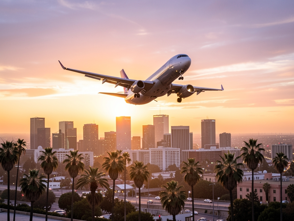 Golden hour view commercial ascending over Angeles skyline warm