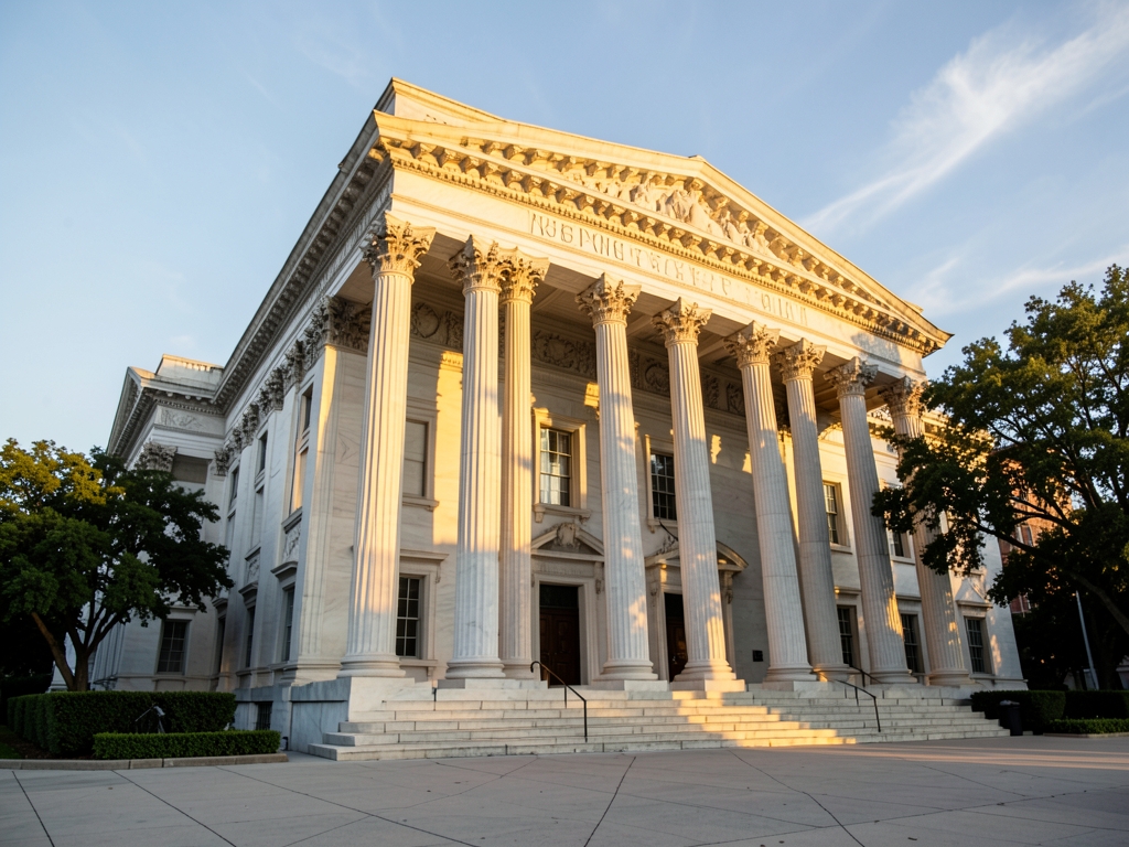 grand marble courthouse dawn with sharp sunlight casting