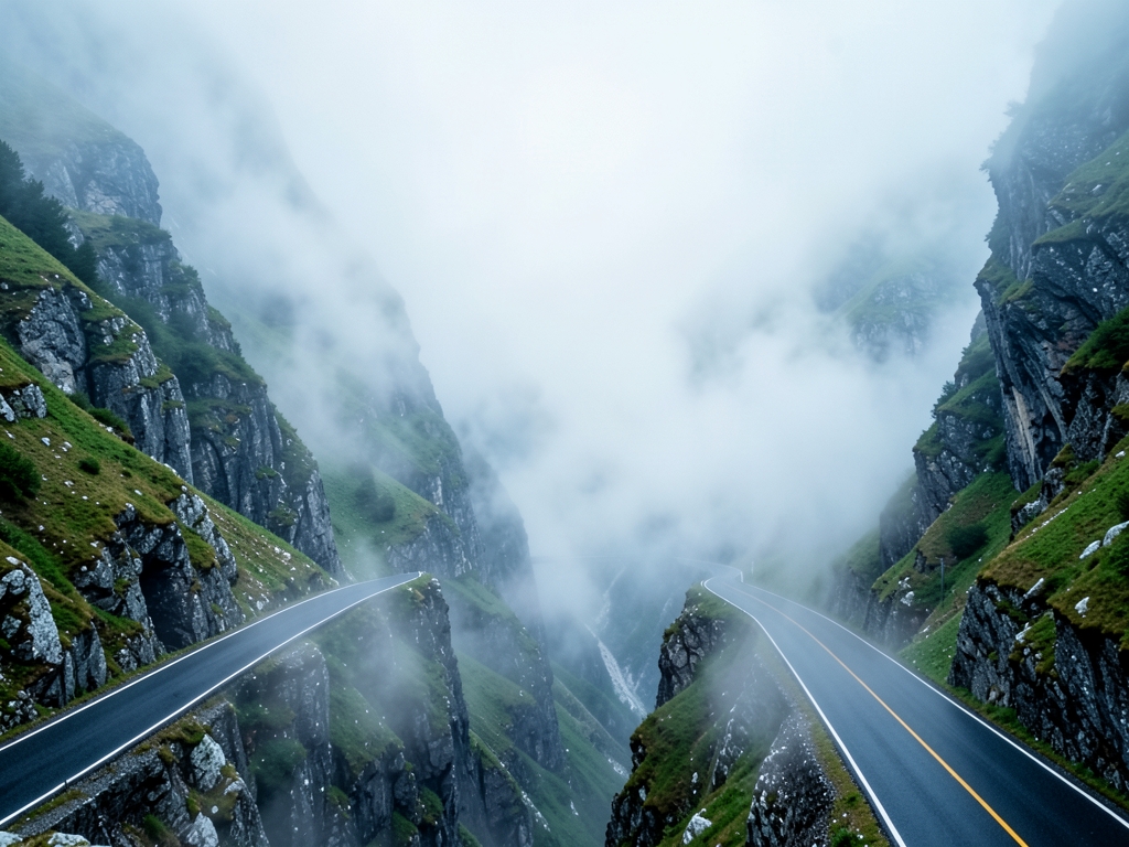fog drenched mountain pass with perfectly paved asphalt road