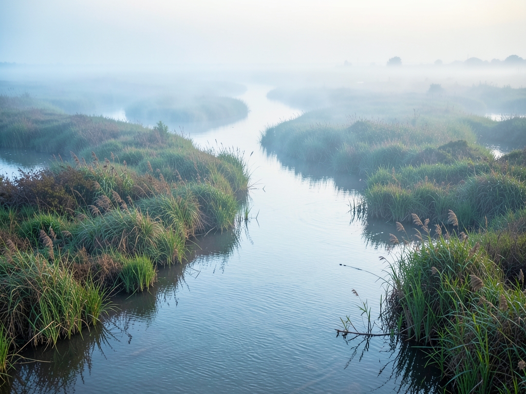 vast fog covered river delta dawn where main current