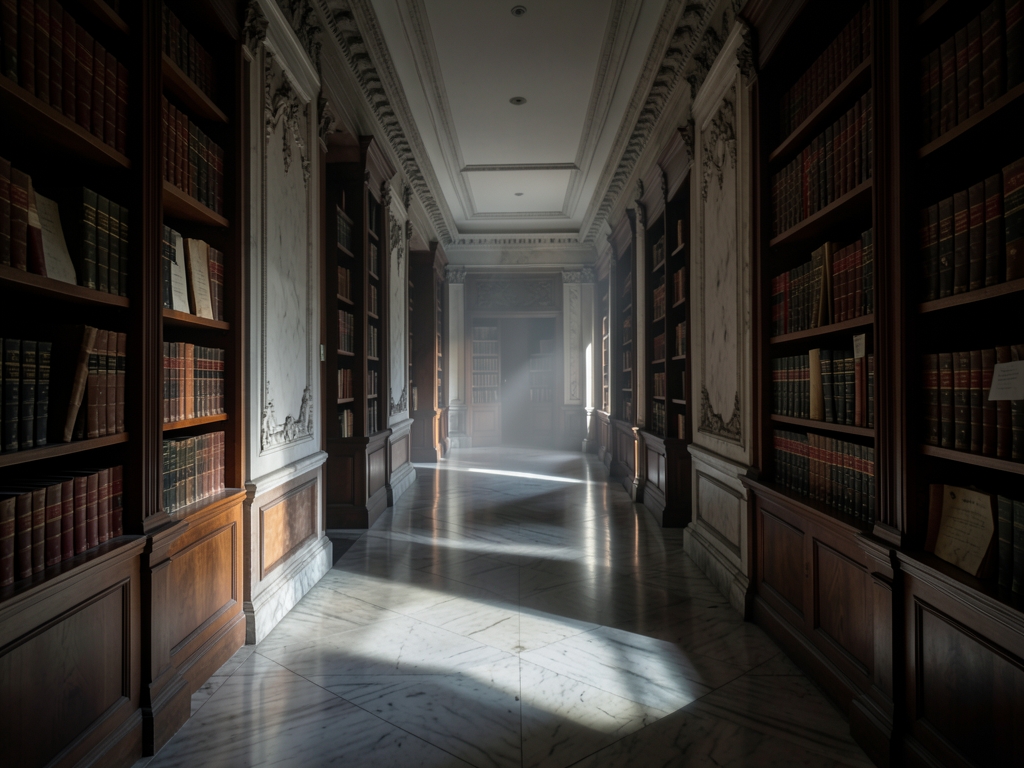 long dimly marble corridor legal archive with tall