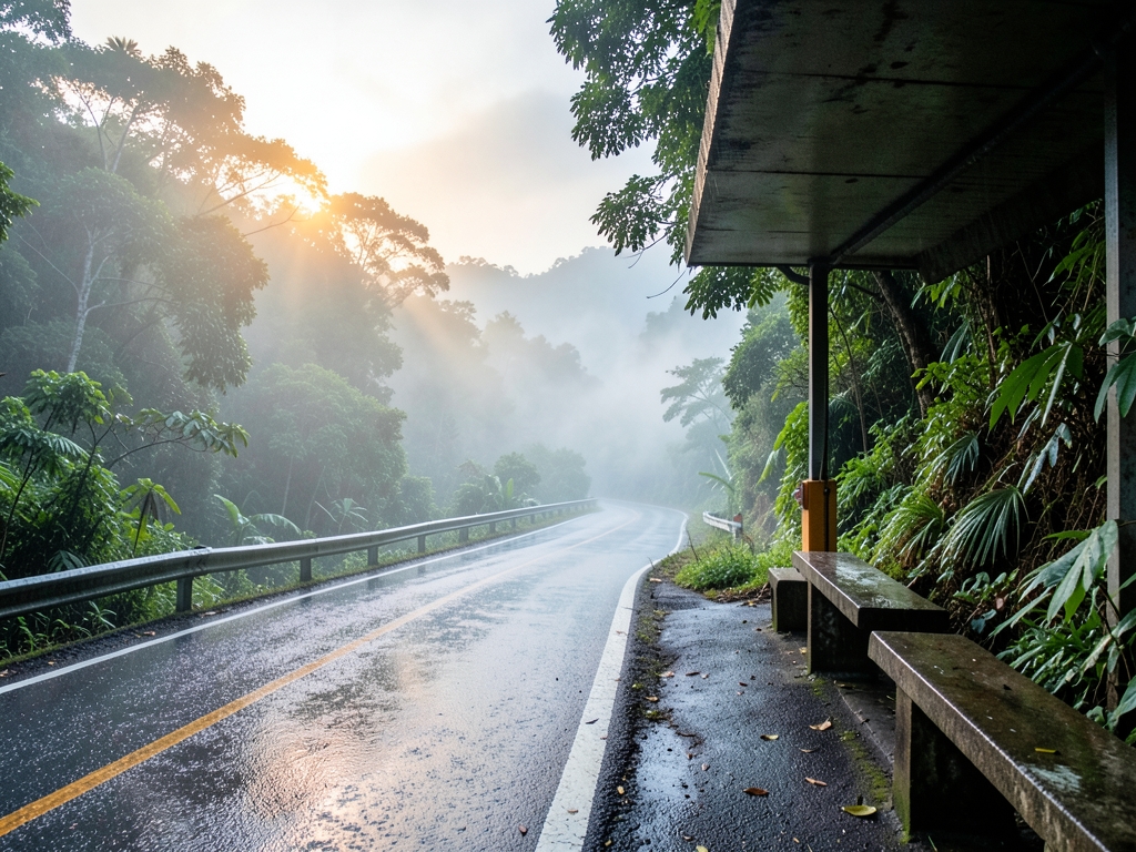 rain slicked mountain road cutting through Indonesian jungle dawn