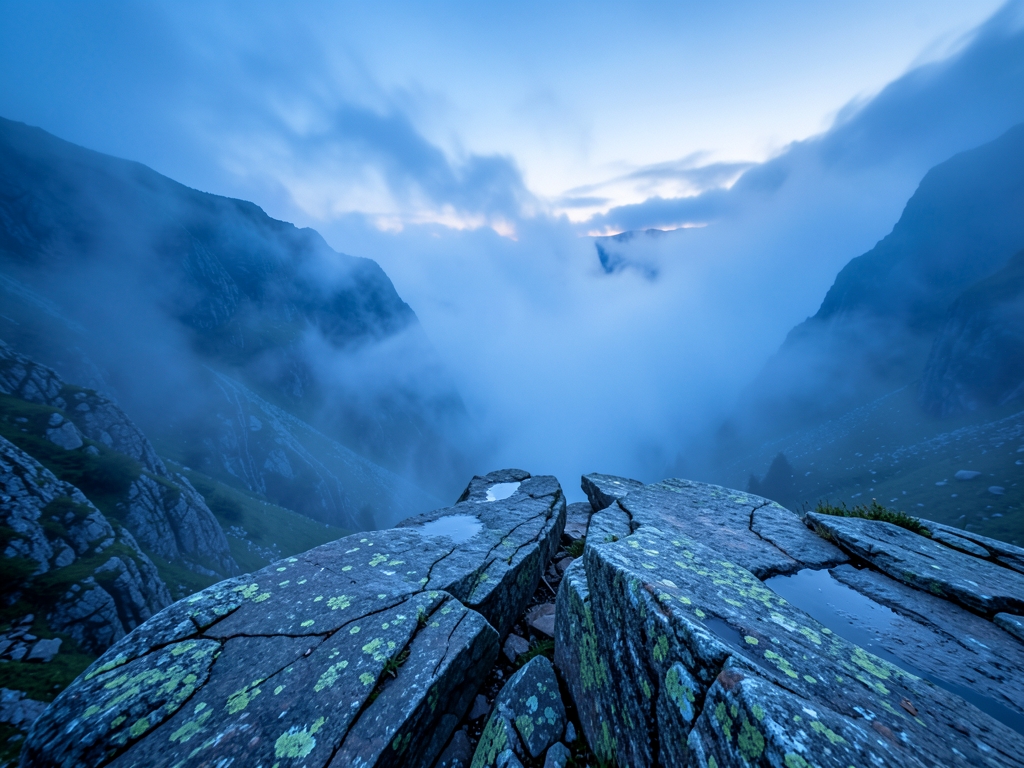 fog drenched mountain pass dawn granite formations receding into