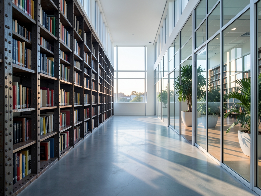 vast modern library with diverging corridors lined with