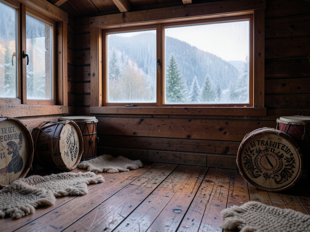 Quiet mountain cabin interior dawn with pale frosty