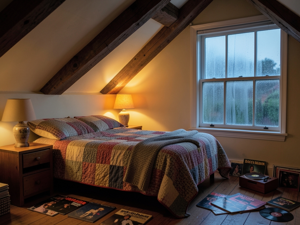 Cozy attic bedroom studio dusk with warm lamplight