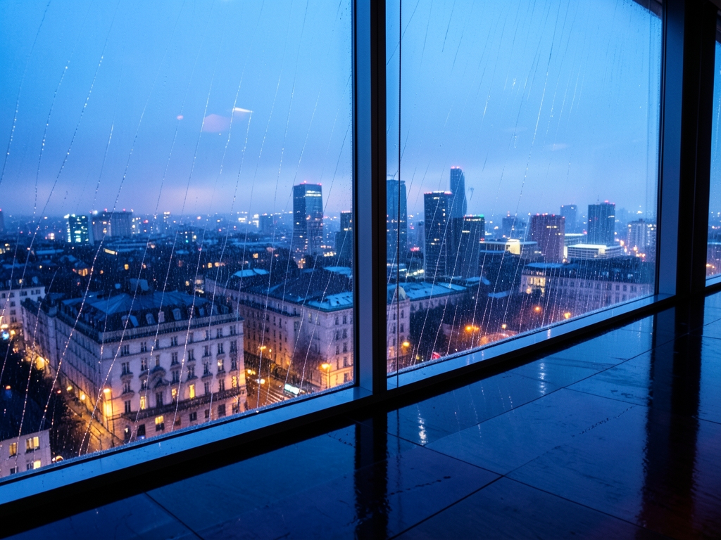 Rain streaks against large window overlooking misty cityscape