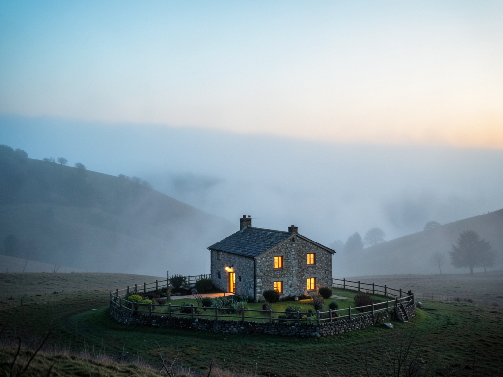 vast fog covered valley dawn single small stone cottage