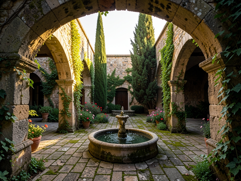 Sunlight streams through ancient stone arches illuminate quiet