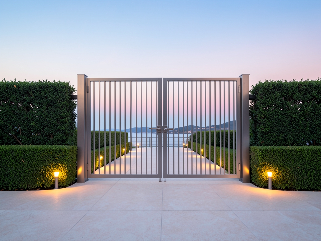 Gated entrance residential development dusk three tall metal