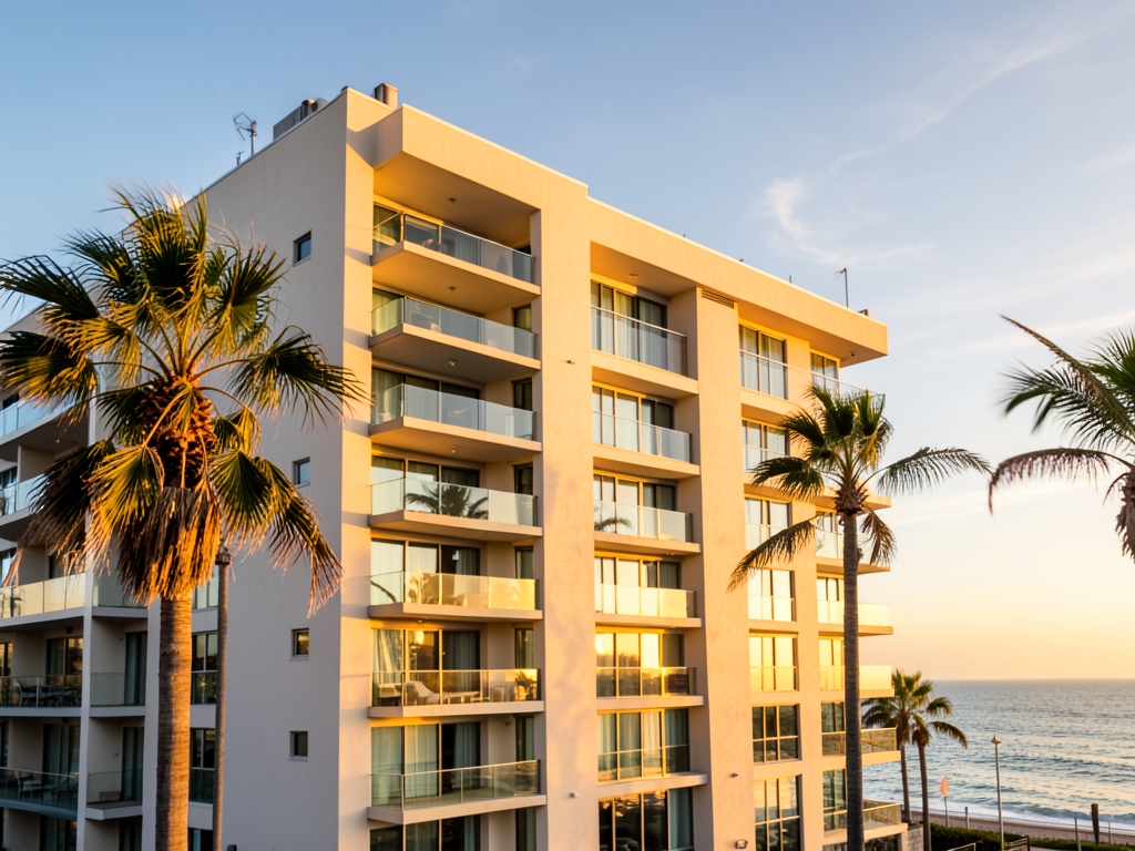 Modern coastal apartment building Long Beach golden hour